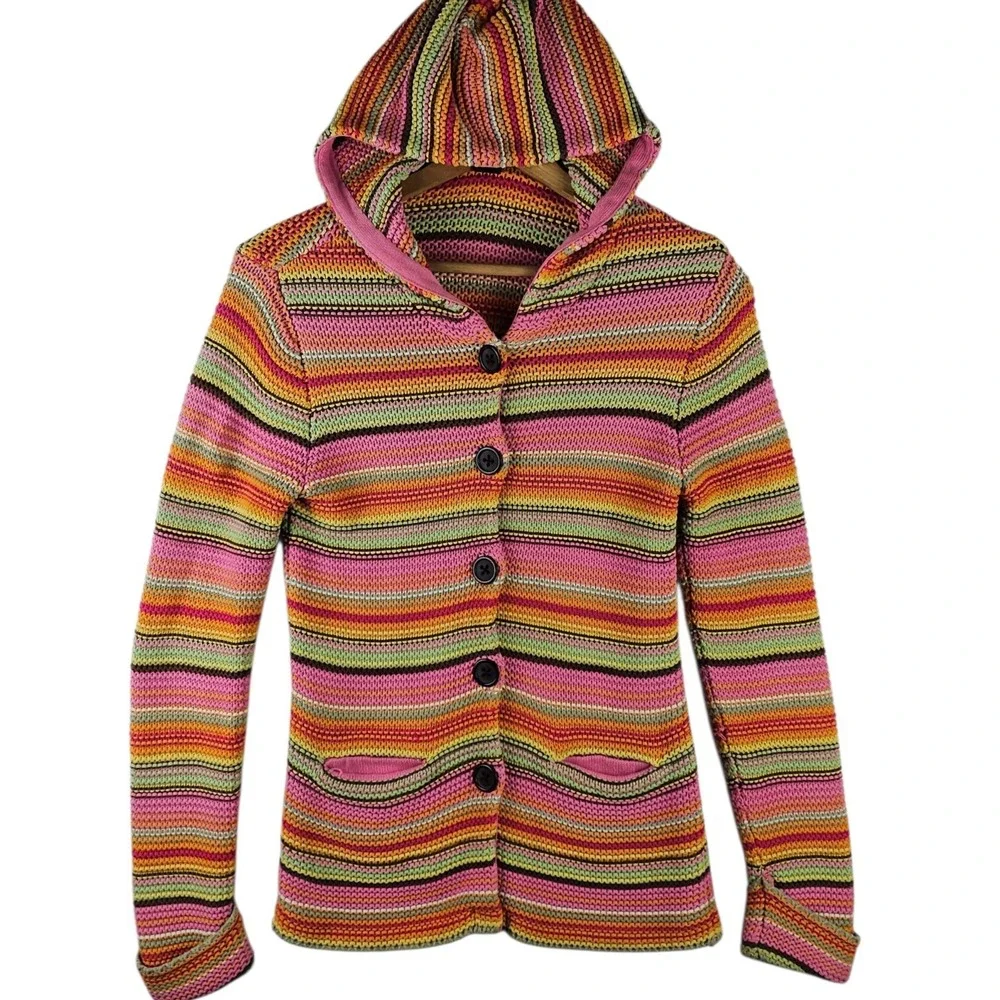 Vintage GAP Kids‎ Crochet Knitted Rainbow Button Up Jacket Hoodie Girls XL 2005